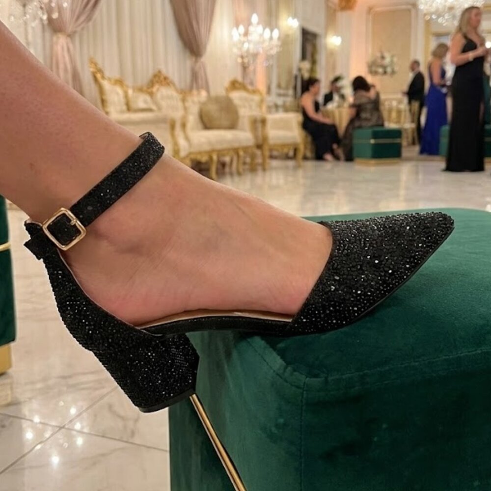 X2B Black Glitter Sparkle Pumps - NWT Pointed Toe Ankle Strap 2.25" Heel